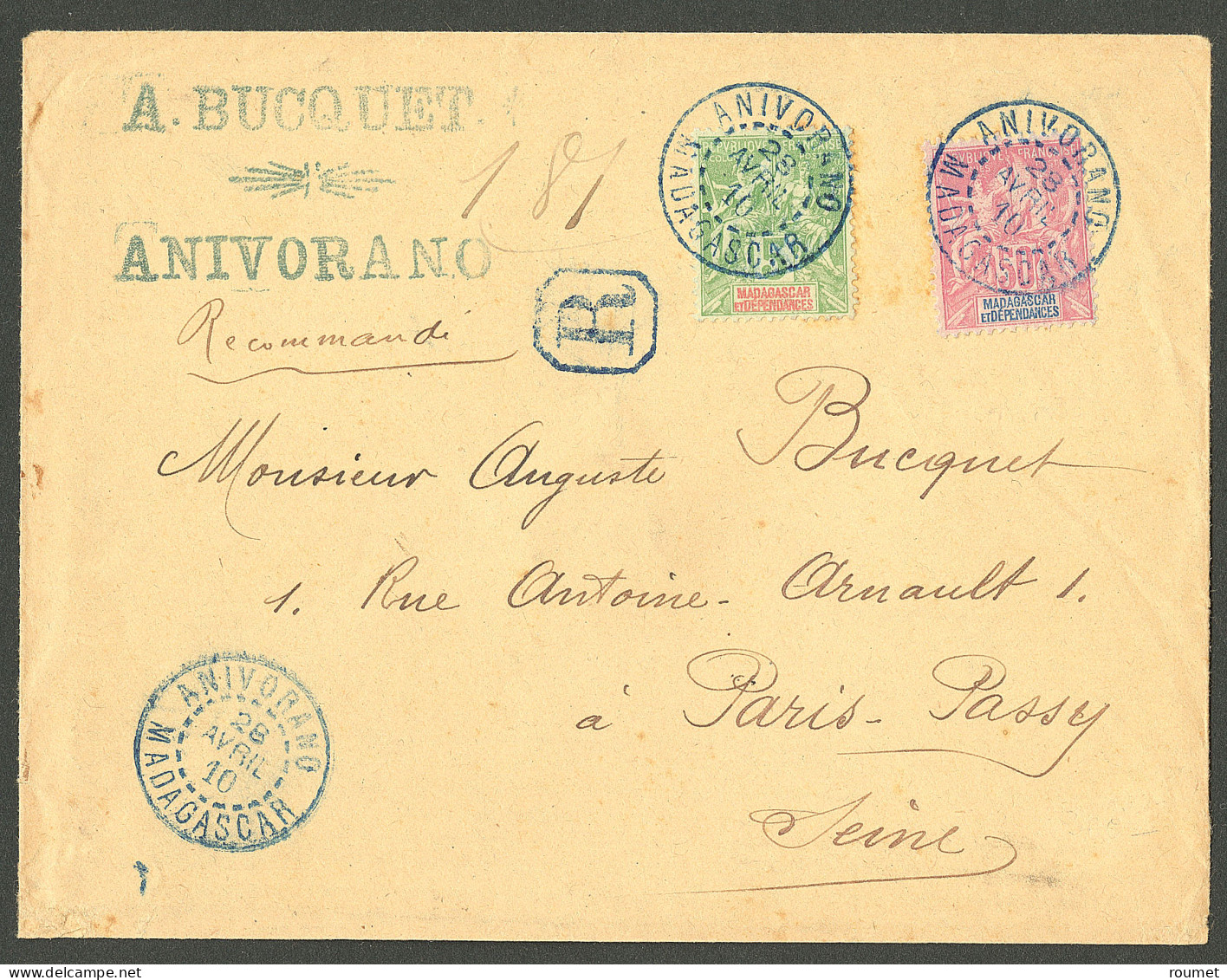 Lettre Cad Bleu "Anivorano/Madagascar" Avril 1910 Sur N°38 + 42A, Sur Enveloppe Recomm. Pour Paris. - TB - Altri & Non Classificati