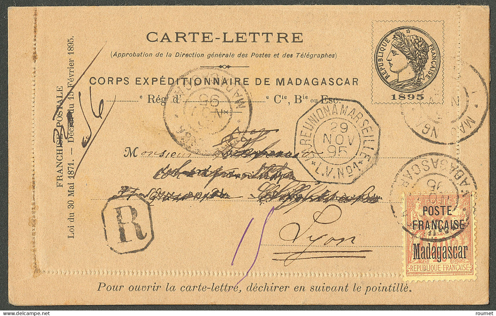 Lettre Cad "Majunga/Madagascar" Nov 95 Sur CL Corps Expéditionnaire De Madagascar + 18, Recommandée Pour Lyon, Avec Cad  - Other & Unclassified