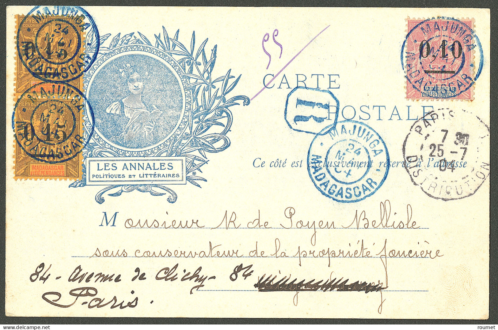 Lettre Cad Bleu "Majunga/Madagascar" Mai 1904 Sur N°53 + 54 Paire Verticale, Sur CP Illustrée Recomm. Pour Paris. - TB - Otros & Sin Clasificación