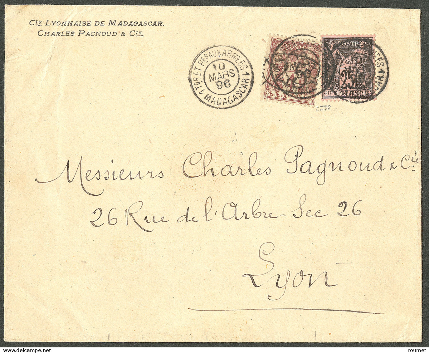 Lettre Ellipse. No 26 + France 97. Cad "1Tor Et Pes Aux Armées 1/Madagascar".  Enveloppe Pour Lyon, 1896. - TB. - RRR - Autres & Non Classés