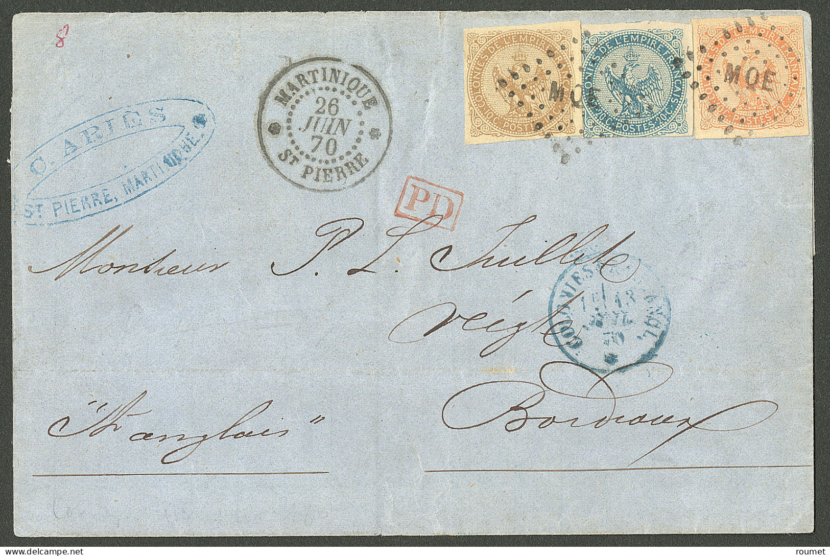 Lettre Losange MQE Sur CG No 3 à 5, Cad "Martinique /ST Pierre". Sur Lettre Pour Bordeaux, 1870. - TB - Sonstige & Ohne Zuordnung