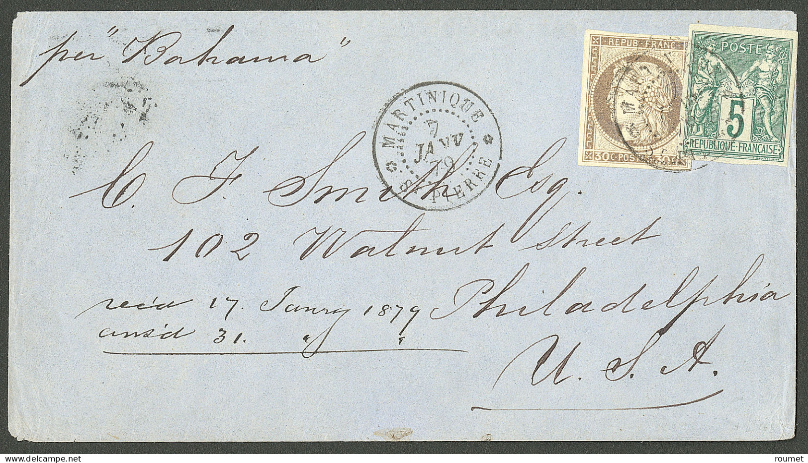 Lettre Cad "Martinique/St Pierre". CG Nos 20 + 31 Sur Lettre Pour Philadelphie, 1879. TB. - Autres & Non Classés