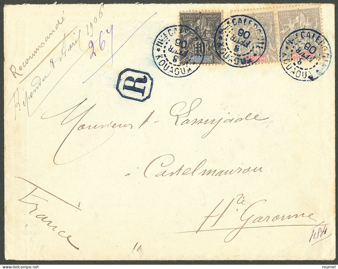 Lettre Cad "Nlle Calédonie/Kouaoua". Nos 45 + 61 Paire  Sur Enveloppe Recommandée Pour Castelmaurou, 1906. - TB. - R - Sonstige & Ohne Zuordnung