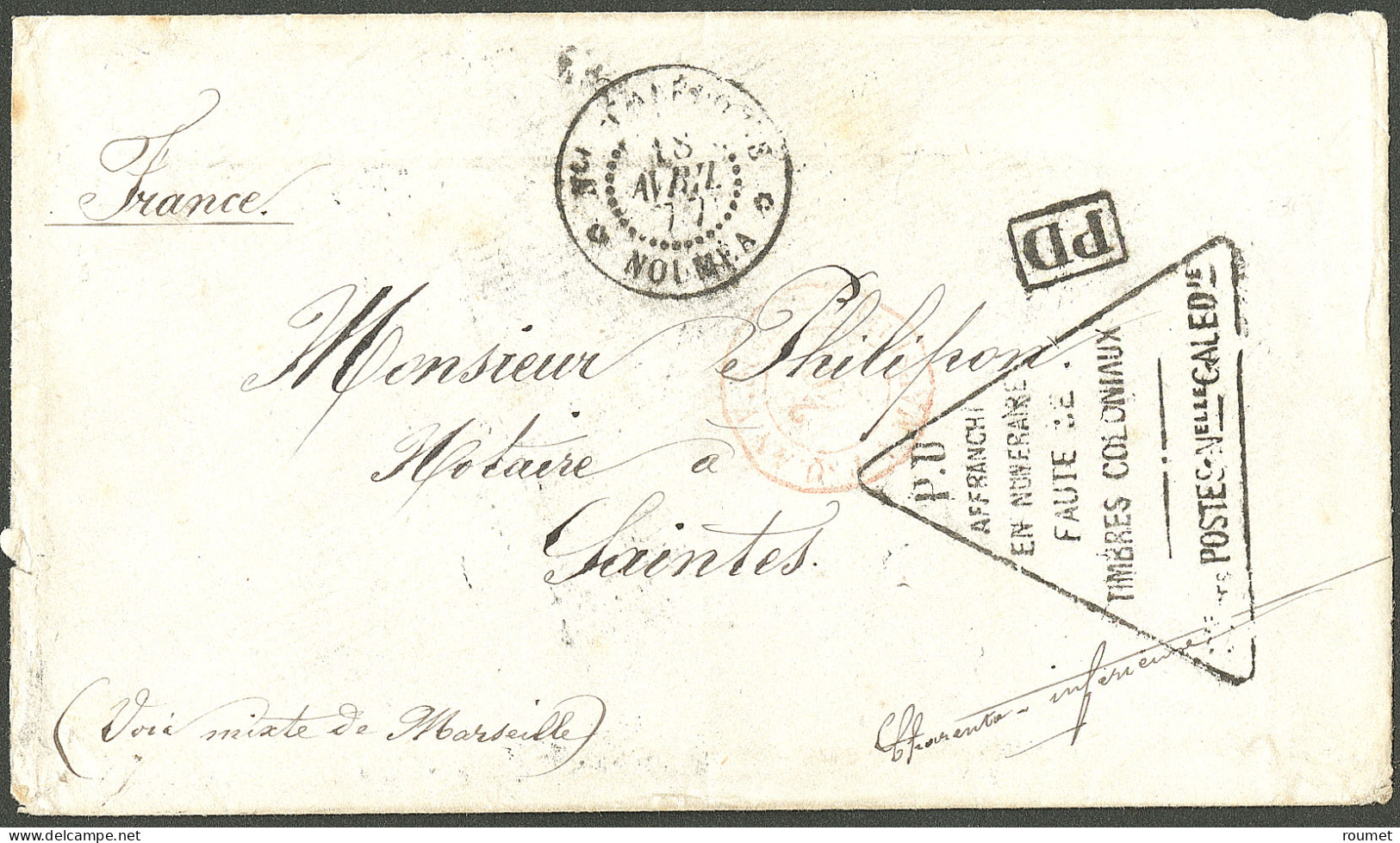 Lettre Cad "Nlle Calédonie/Nouméa" 18 Avril 77 + Cachet Triangulaire D'affranchissement En Numéraire, Sur Enveloppe Avec - Other & Unclassified