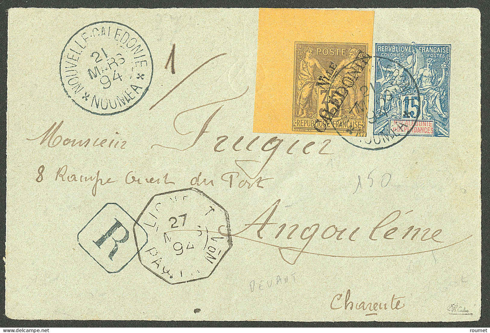 Cad "Nouméa", Sur N°18a Sur Devant D'entier 15c Bleu, Recommandé Pour Angoulême, 1894. - TB - Other & Unclassified