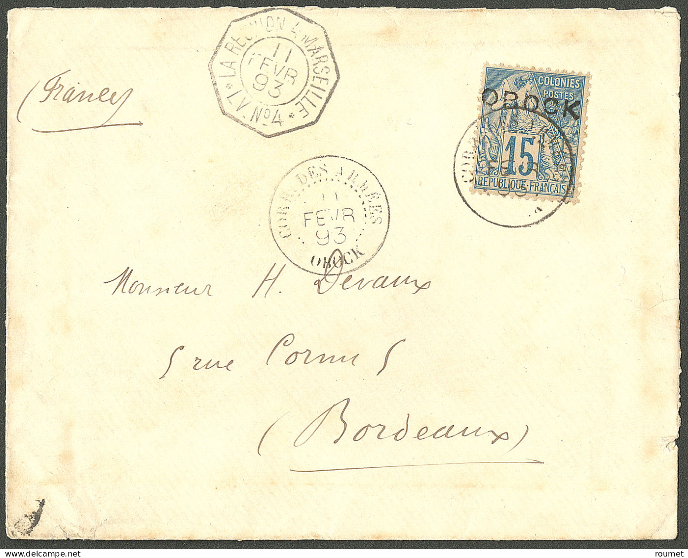 Lettre Cad "Corr.des Armées/Obock". No 15 Sur Lettre Pour Bordeaux, 1893. - TB. - RR - Other & Unclassified