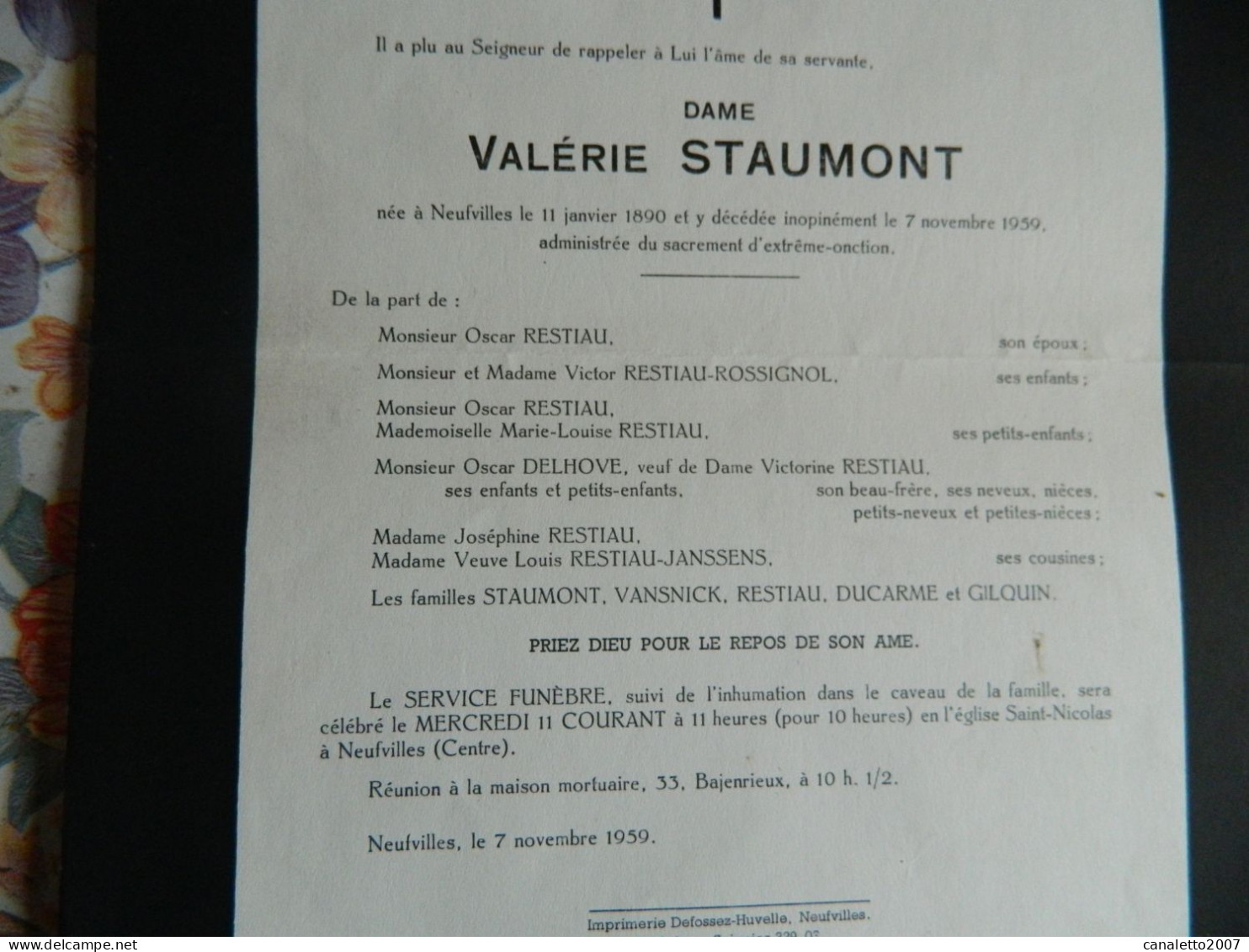 NEUFVILLES  : FAIR PART DE DECE DE VALERIE STAUMONT 1890-1959 - Obituary Notices
