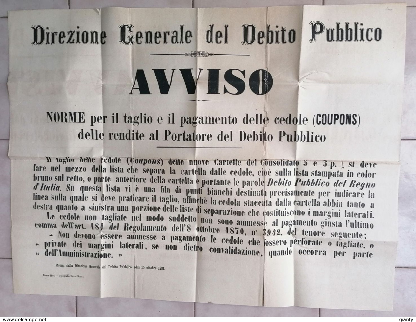 MANIFESTO AVVISO CEDOLE DIREZIONE GENERALE DEBITO PUBBLICO REGNO D'ITALIA 1881 TITOLO AZIONE BOND - Bank En Verzekering