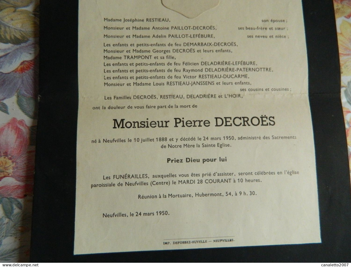 NEUFVILLES  : FAIR PART DE DECE DE PIERRE  DECROËS 1888-1950 - Todesanzeige