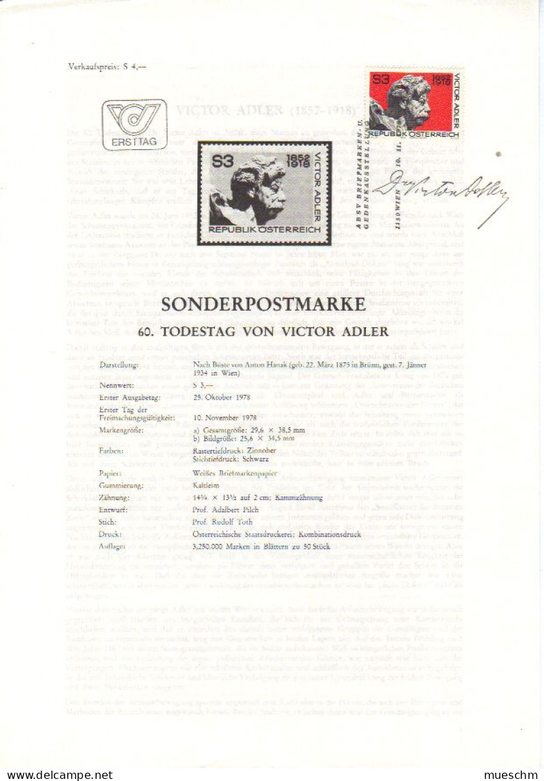 Österreich, 1978, Ersttag "60. Todestag V. Victor Adler" MiNr.1589 Auf Erläuterungsblatt (11123L) - FDC