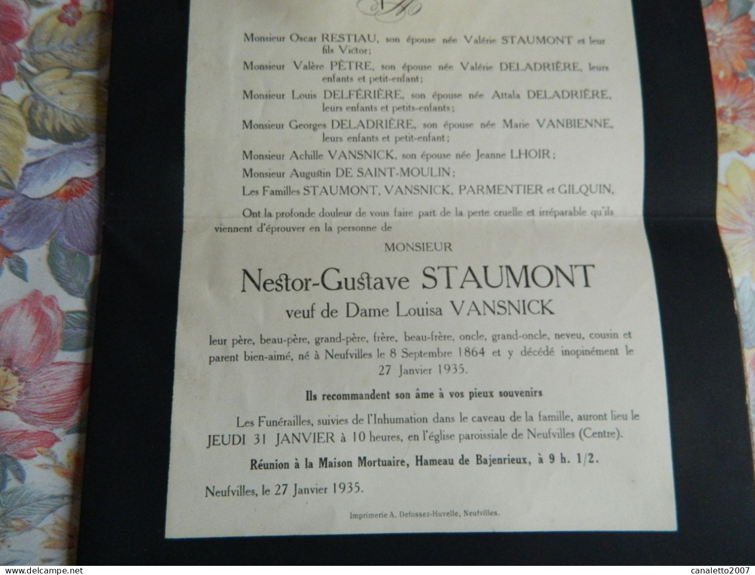 NEUFVILLES  : FAIR PART DE DECE DE NESTOR GUSTAVE STAUMONT VV LOUISA VANSNICK 1964-1935 - Obituary Notices