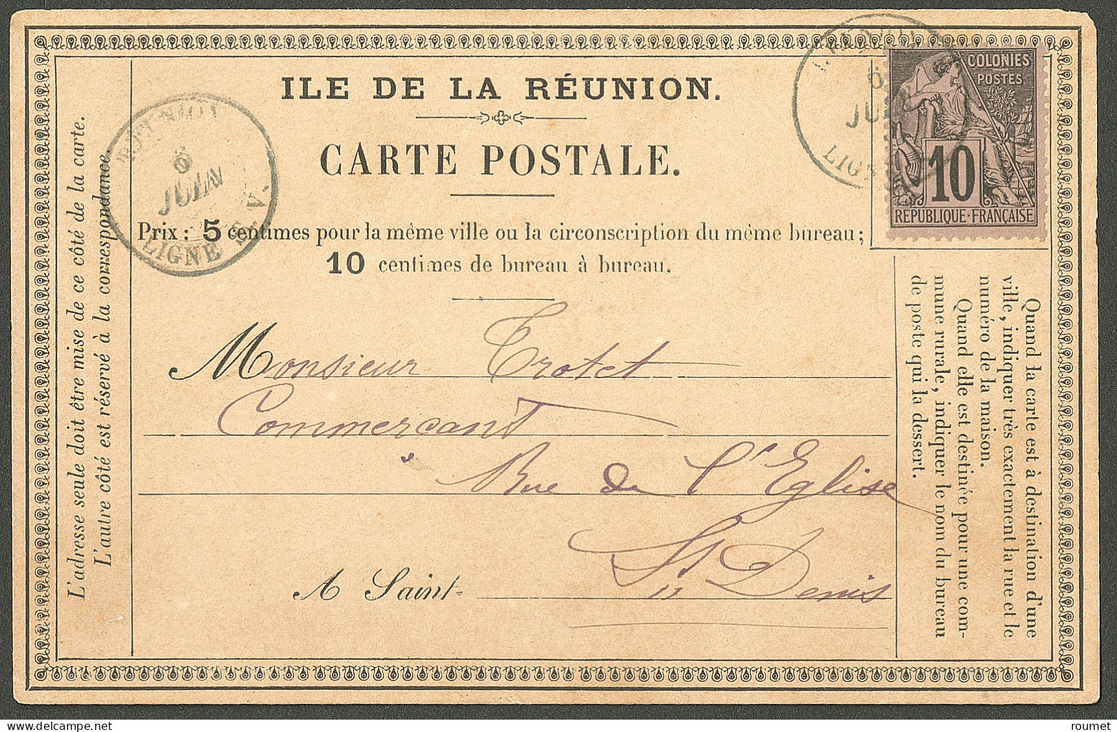 Lettre Cad "Réunion/Ligne S.V.(ligne Sous Le Vent)". CG 50 Sur CP Précurseur "Ile De La Réunion" Pour Saint Denis. - TB  - Autres & Non Classés