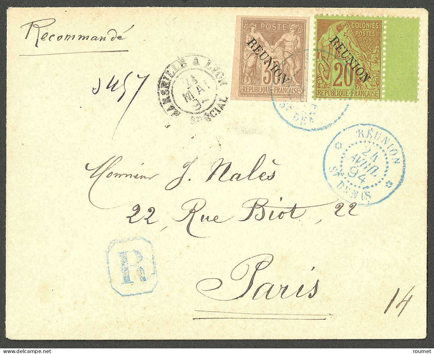 Lettre Cad Bleu "Réunion/St Denis". Nos 13 + 23 Sur Enveloppe Recommandée Pour Paris, 1894. - TB - Sonstige & Ohne Zuordnung
