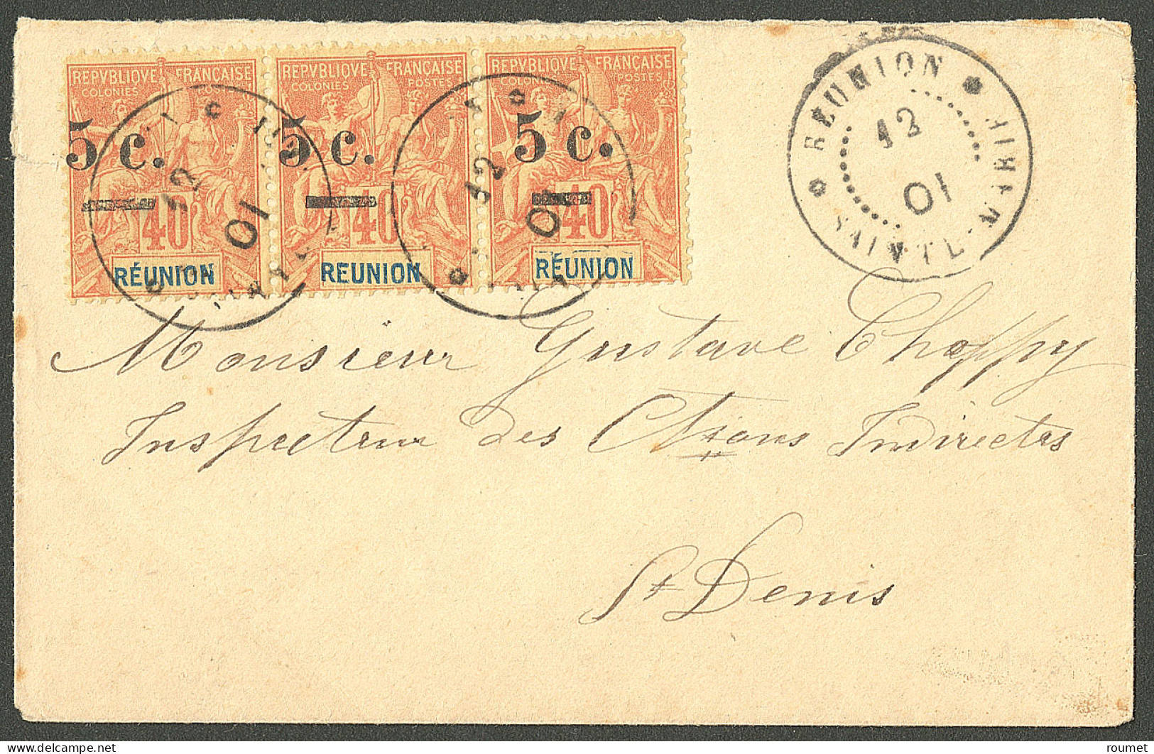Lettre Cad "Réunion/Sainte Marie" Sur N°52 Bande De Trois, Sur Enveloppe Carte De Visite Pour Saint Denis, 1901. - TB - Other & Unclassified