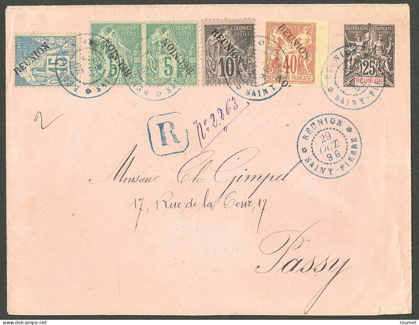 Lettre Cad "Réunion/Saint Pierre". Entier 25c + Nos 14 + 20 Paire + 21 + 22 Sur Enveloppe Recommandée Pour Passy, 1896.  - Andere & Zonder Classificatie