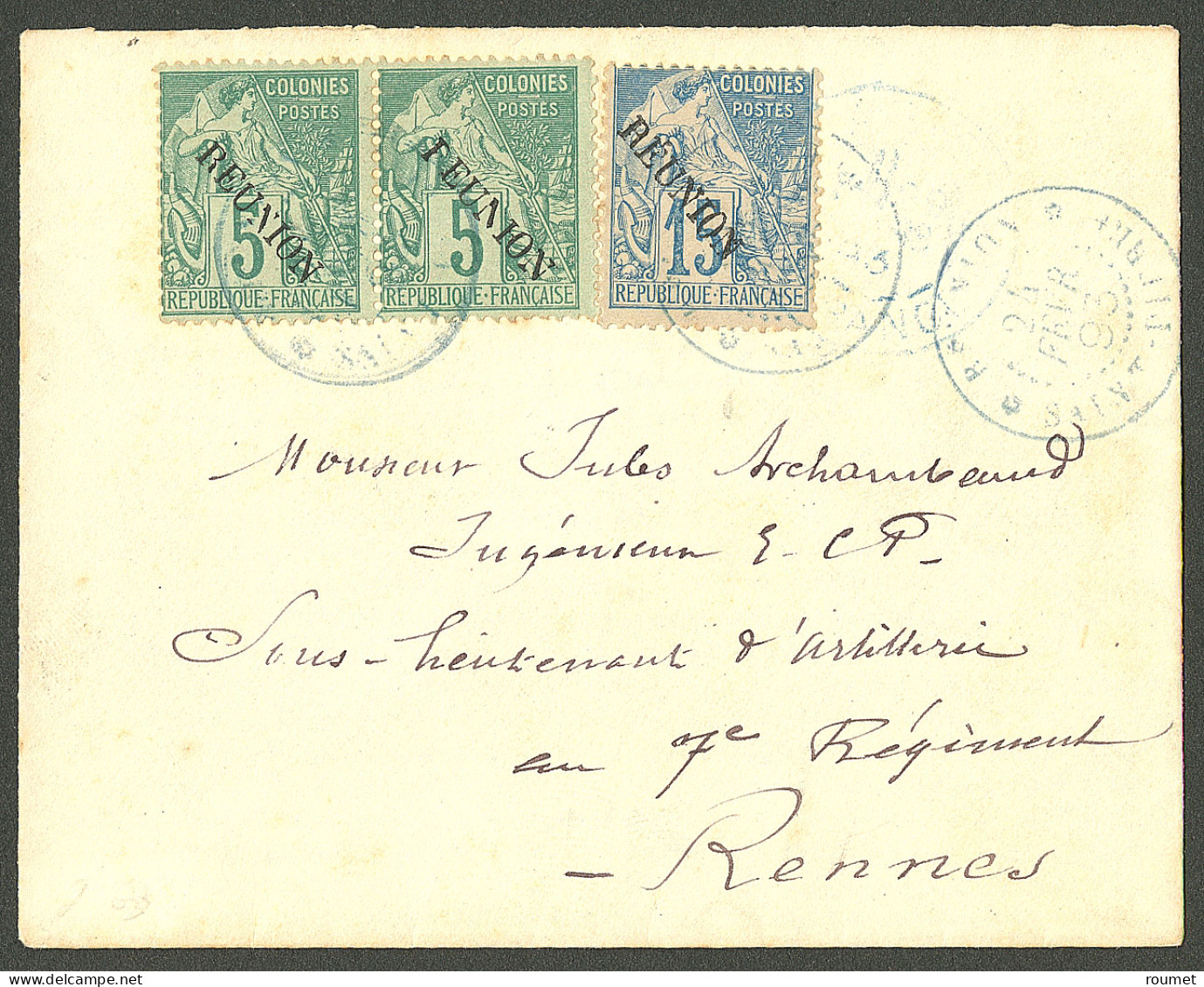 Lettre Cad Bleu "Réunion/Saint Pierre". Nos 20 Paire + 22 Sur Enveloppe Pour Rennes, 1893. - TB - Autres & Non Classés