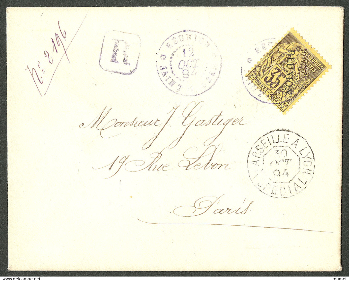 Lettre Cad Violet "Réunion/Saint Pierre". No 25 Sur Enveloppe Recommandée Pour Paris, 1894. - TB - Other & Unclassified