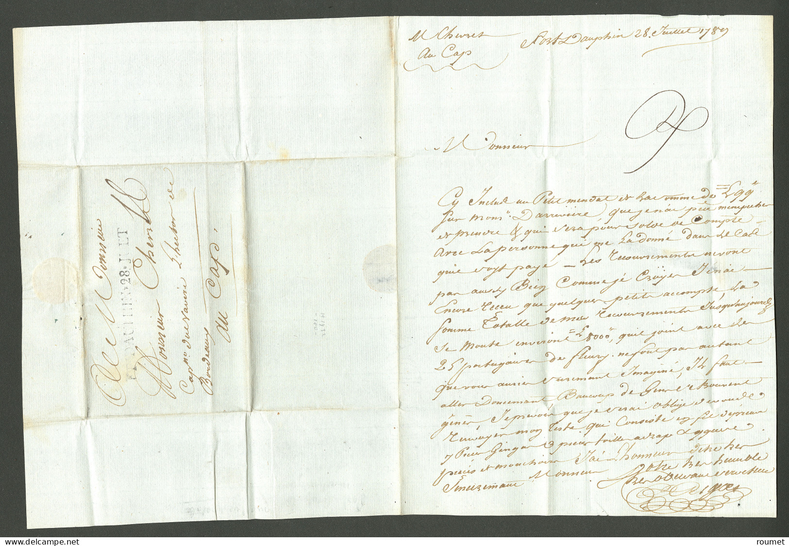 Lettre Ft Dauphin 28 Juet (Jamet N°4). Lettre Avec Texte Daté Du 28 Juillet 1789 Pour Le Cap. TB. - Haití