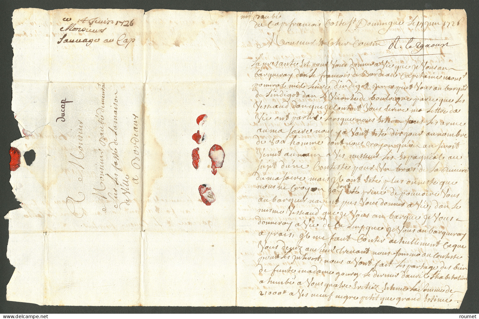 Lettre Du Cap (Jamet N°2). Lettre Avec Texte Daté Du Cap Français Coste St Domingue Le 14 Juin 1726 Pour TB. - Haití