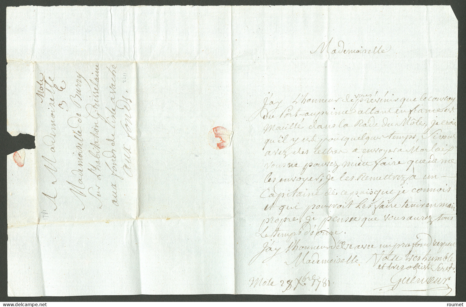 Lettre Mole (non Signalé). Lettre Avec Texte Daté Du 28 Septembre 1781 Pour Le Fonds De L'Isle à Vache. TB - Haití