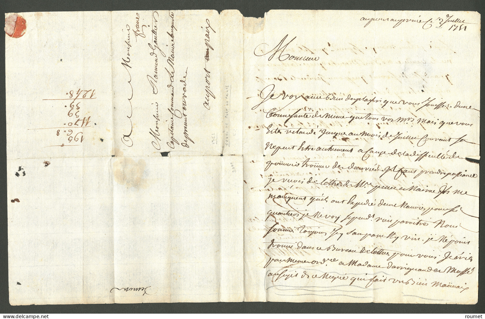 Lettre Lettre Avec Texte Daté De Port Au Prince Le 2 Juillet 1751. Adressée En Port Payé Au Port De Paix. Au Recto, Ment - Haïti