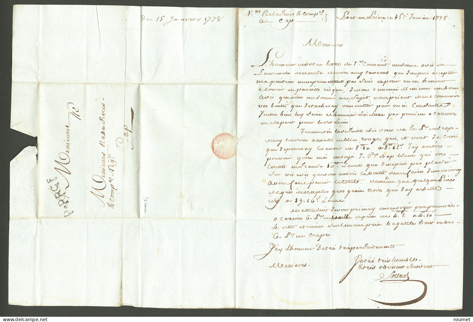 Lettre P.Prce (Port Au Prince, Jamet N°3). Lettre Avec Texte Daté Du 5 Janvier 1778 Pour Le Cap. TB - Haití
