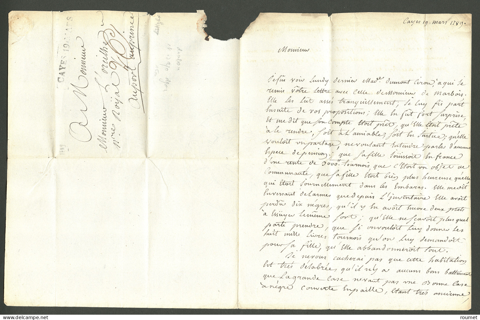 Lettre Cayes.19.mars (Jamet N°7). Lettre Avec Texte Daté Du 19 Mars 1789 Pour Port Au Prince. TB. - Haïti