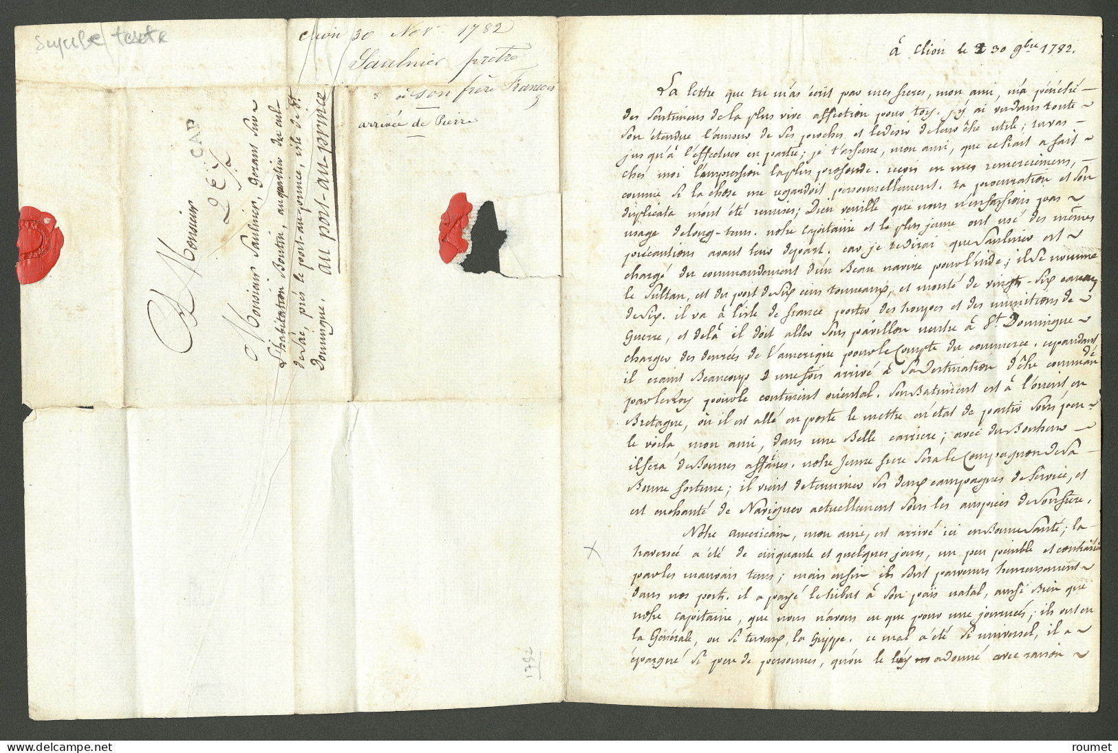 Lettre Cap (Jamet N°8). Lettre Avec Texte Daté De Clion Le 30 Novembre 1782. TB. - Haití