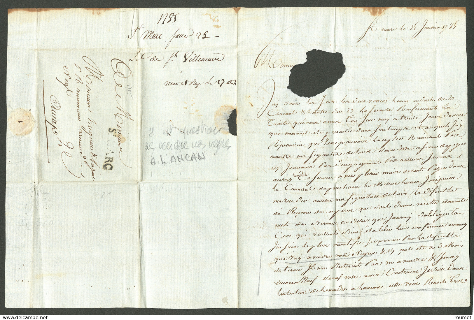 Lettre St Marc (Jamet N°7). Lettre Avec Texte Daté Du 25 Janvier 1785 Pour Le Cap. - TB - Haití