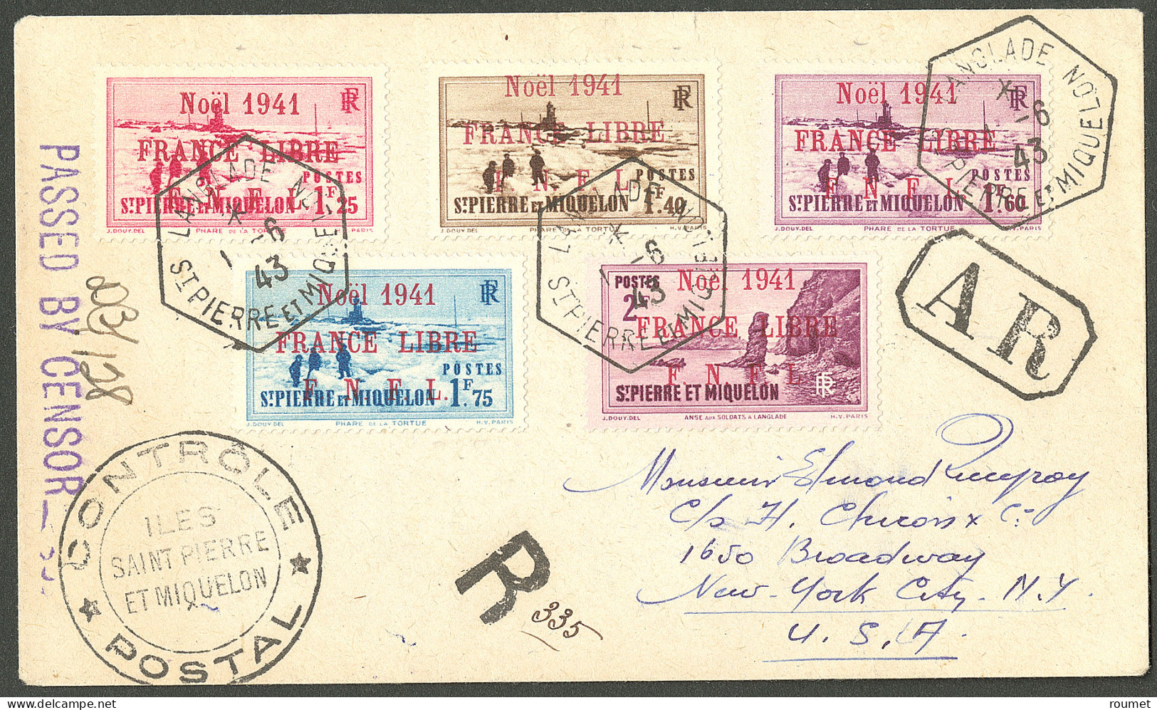 Lettre Cad "Langlade/St Pierre Et Miquelon". Nos 222 à 226 Sur Enveloppe Recommandée Pour New-York Avec A/R, 1943. - TB. - Other & Unclassified