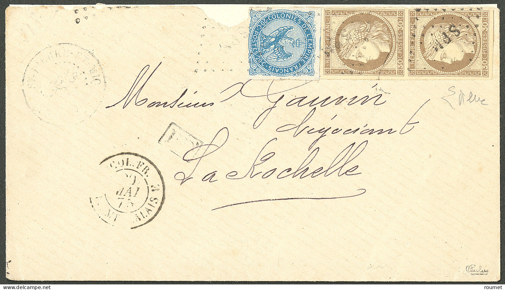 Lettre Losange "SPM", Cad "Saint Pierre Et Miquelon". CG Nos 4 + 20 Paire Verticale Sur Enveloppe Pour La Rochelle, 1875 - Andere & Zonder Classificatie