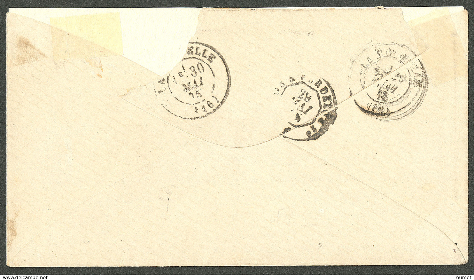Lettre Losange "SPM", Cad "Saint Pierre Et Miquelon". CG Nos 4 + 20 Paire Verticale Sur Enveloppe Pour La Rochelle, 1875 - Other & Unclassified