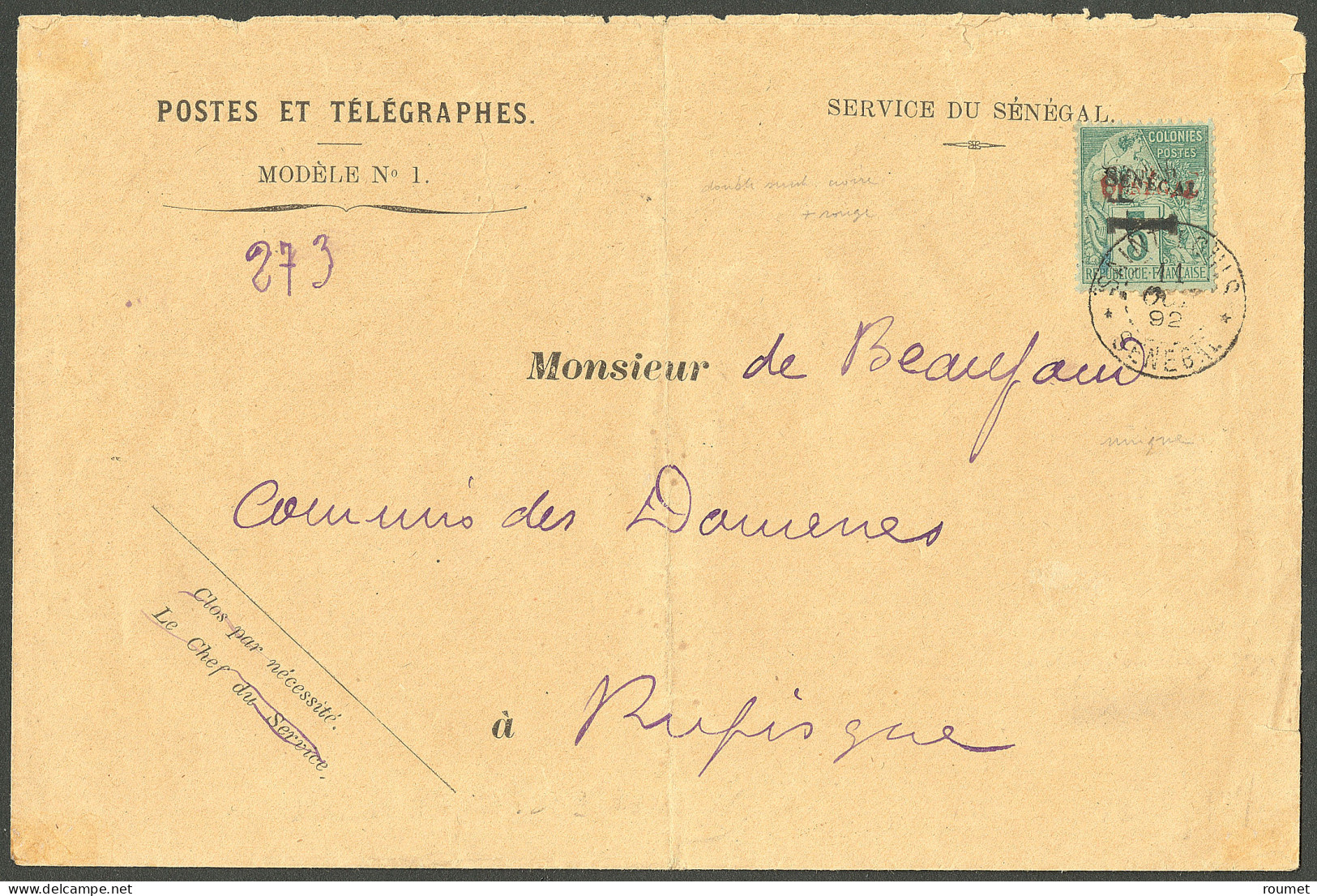 Lettre Cad "Saint Louis/Sénégal", No 7c Double Surcharge Noire Et Rouge. Enveloppe Pour Rufisque, 1892. Pièce Unique. -  - Autres & Non Classés