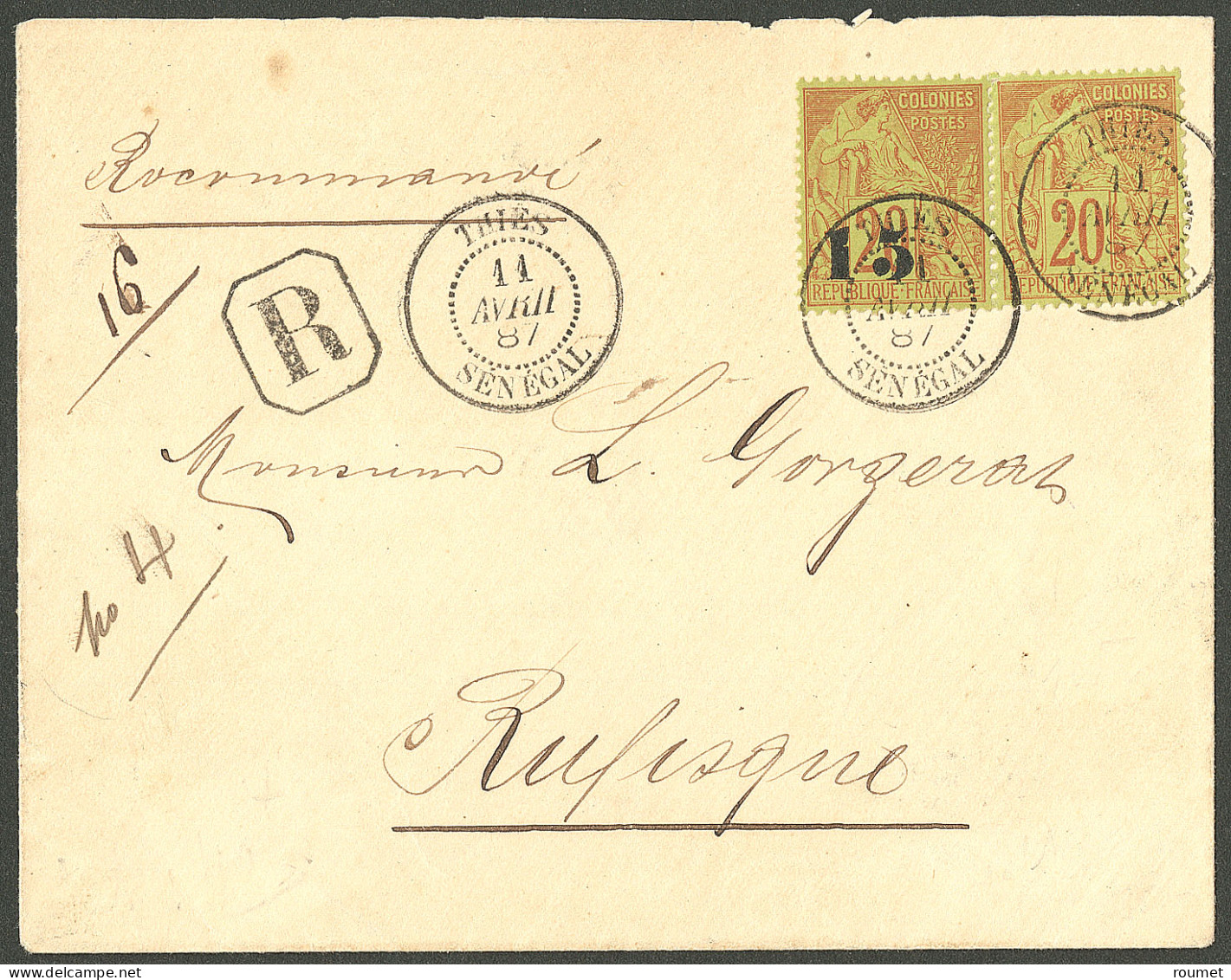 Lettre Cad "Thies/Sénégal". No 5 + CG 52 Sur Enveloppe Recommandée Pour Rufisque, 1887. - TB. - R - Altri & Non Classificati