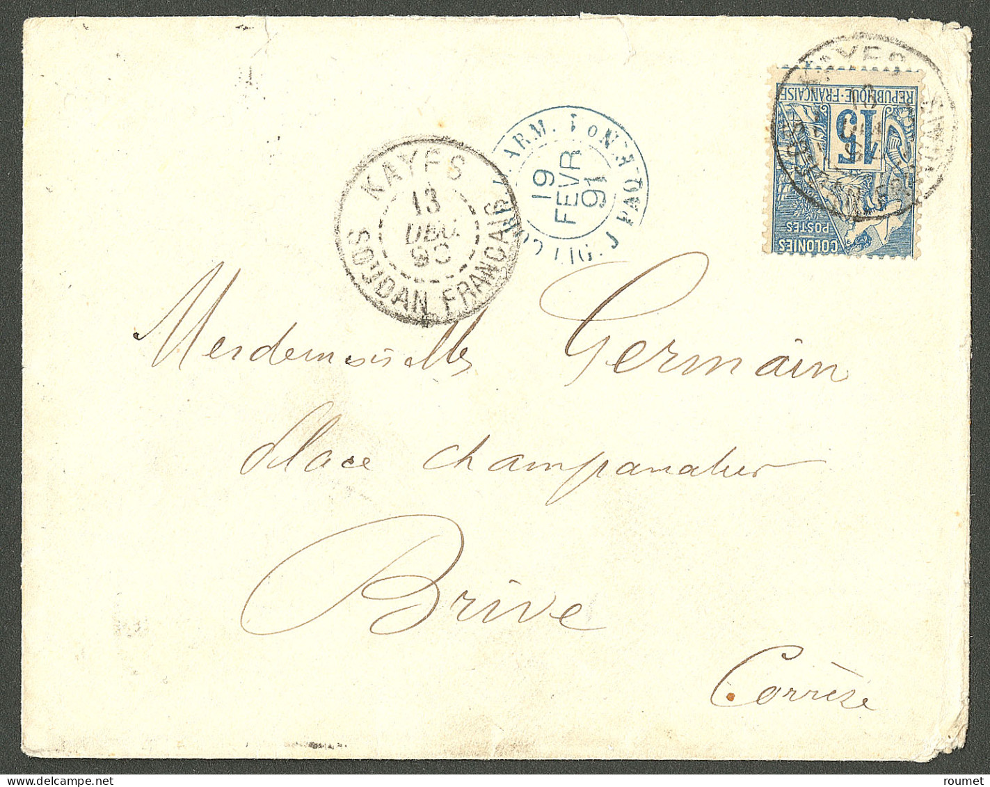 Lettre Cad "Kayes/Soudan Français". CG No 51 Sur Enveloppe Pour Brive. Au Recto, Cad Bleu "corr.d.arm/Lig J Paq F N°1".  - Otros & Sin Clasificación