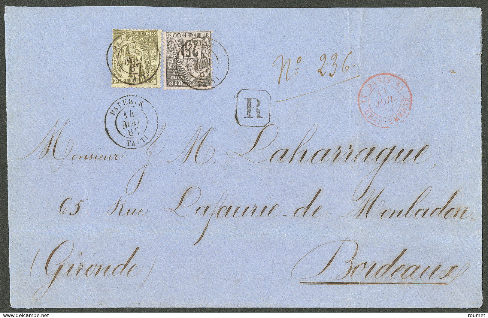 Lettre Cad "Papeete/Taiti". CG Nos 54 + 59 Sur Enveloppe Recommandée Pour Bordeaux, 1887. - TB. - R - Otros & Sin Clasificación