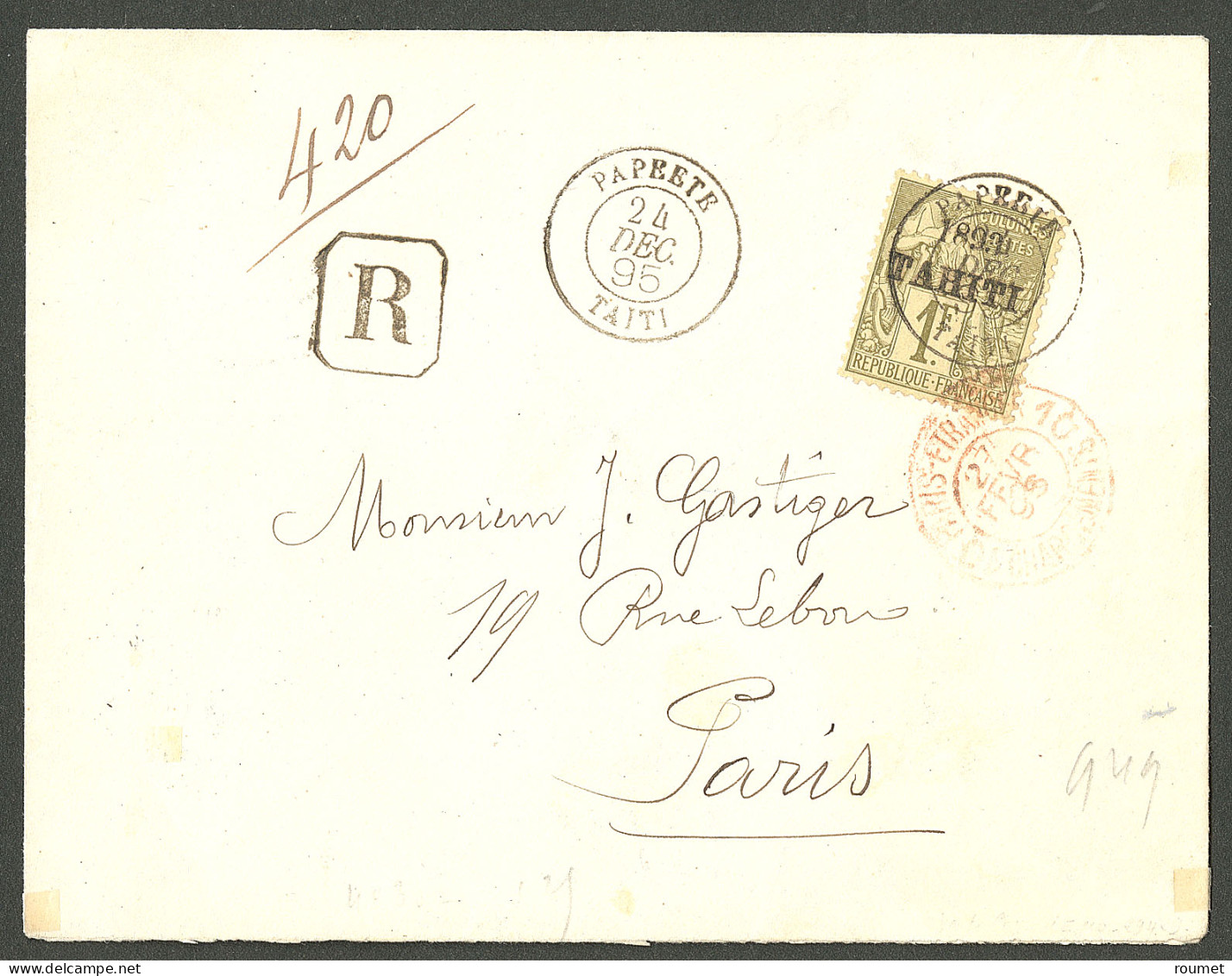 Lettre Cad "Papeete/Taiti". No 30 Sur Enveloppe Recommandée Pour Paris, 1895. - TB - Sonstige & Ohne Zuordnung