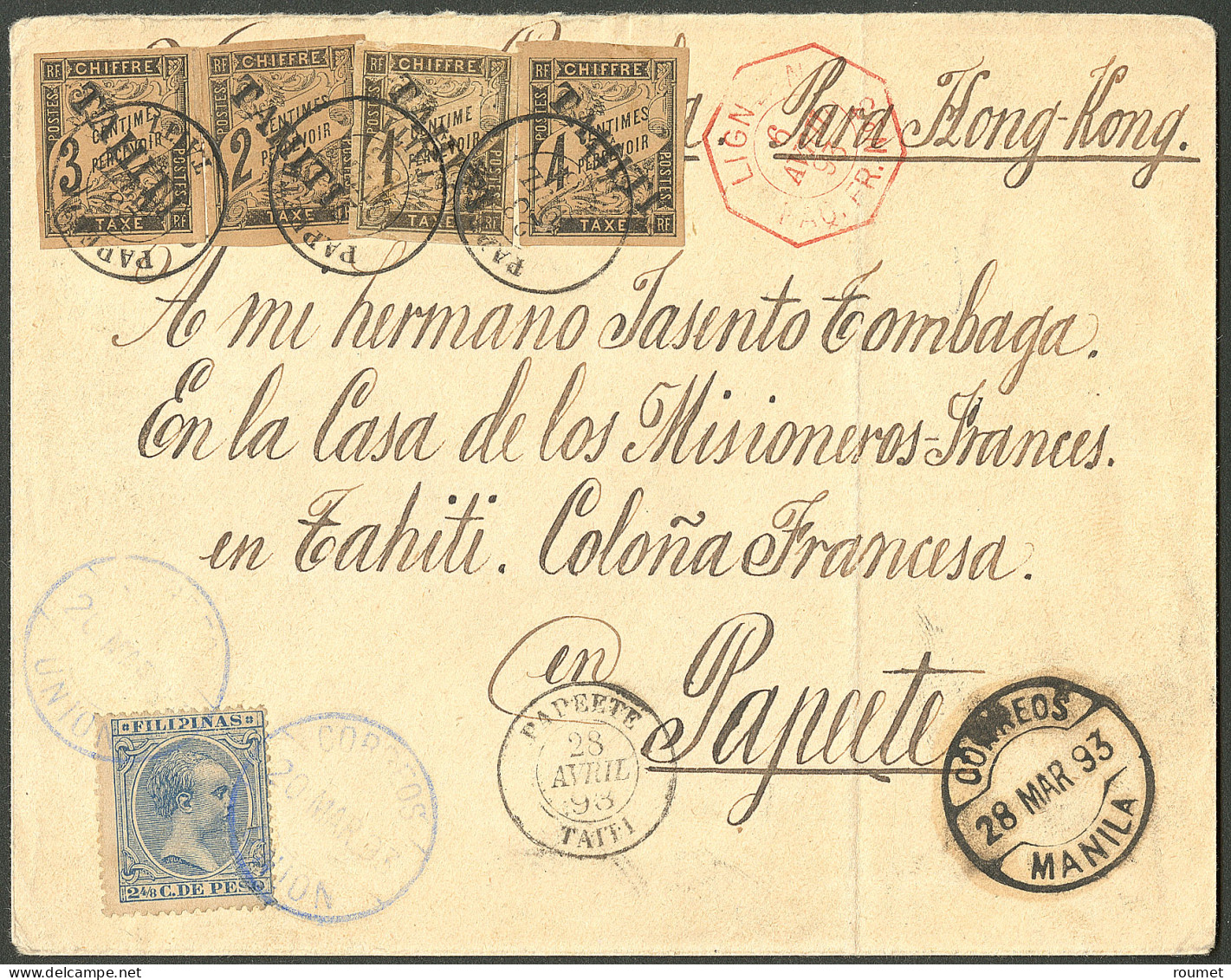 Lettre Cad "Papeete" Avril 93 Sur Taxe 1 à 4 Sur Enveloppe Des Philippines Afft N°110, Jolie Pièce. - TB - R - Andere & Zonder Classificatie