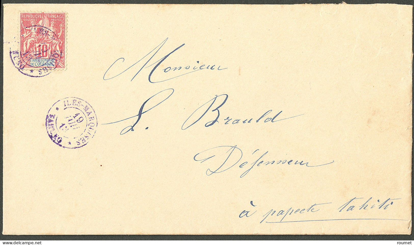 Lettre Cad Violet "Iles Marquises/Tahuko". Océanie No 15 Sur Enveloppe Pour Papeete, 1913. - TB - R. - Andere & Zonder Classificatie