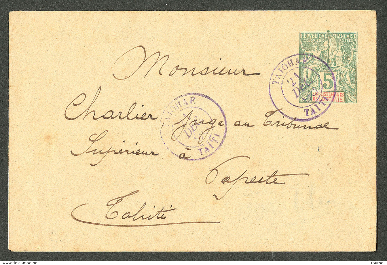 Lettre Cad Violet "Taiohae/Taiti". Entier 5c Pour Papeete, 1896. - TB - Other & Unclassified