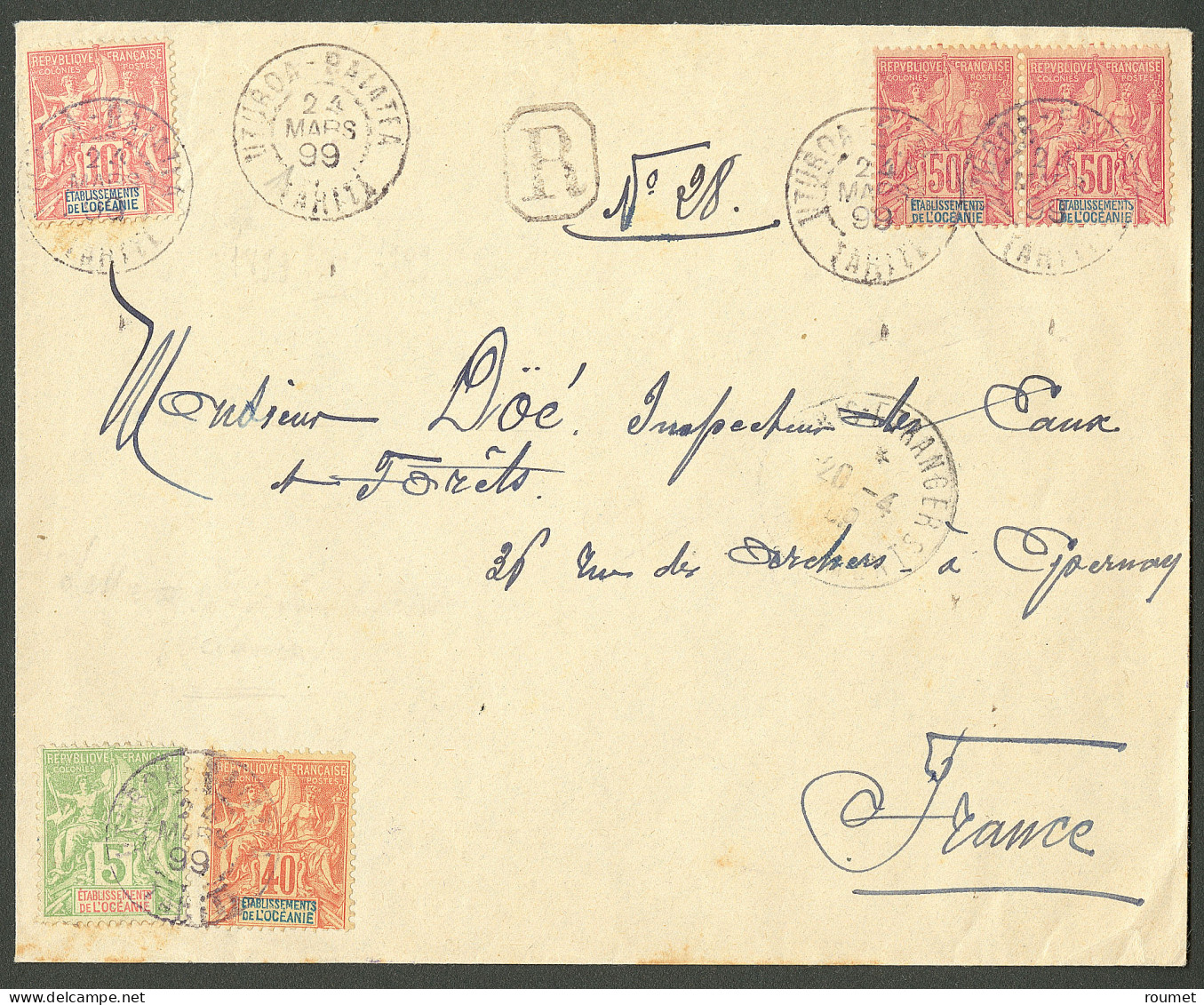 Lettre Cad "Uturoa-Raiatea/Taiti". Océanie N°10 + 11 Paire  + 14 + 15 Sur Enveloppe Recomm. Pour Epernay, 1899. - TB. -  - Andere & Zonder Classificatie