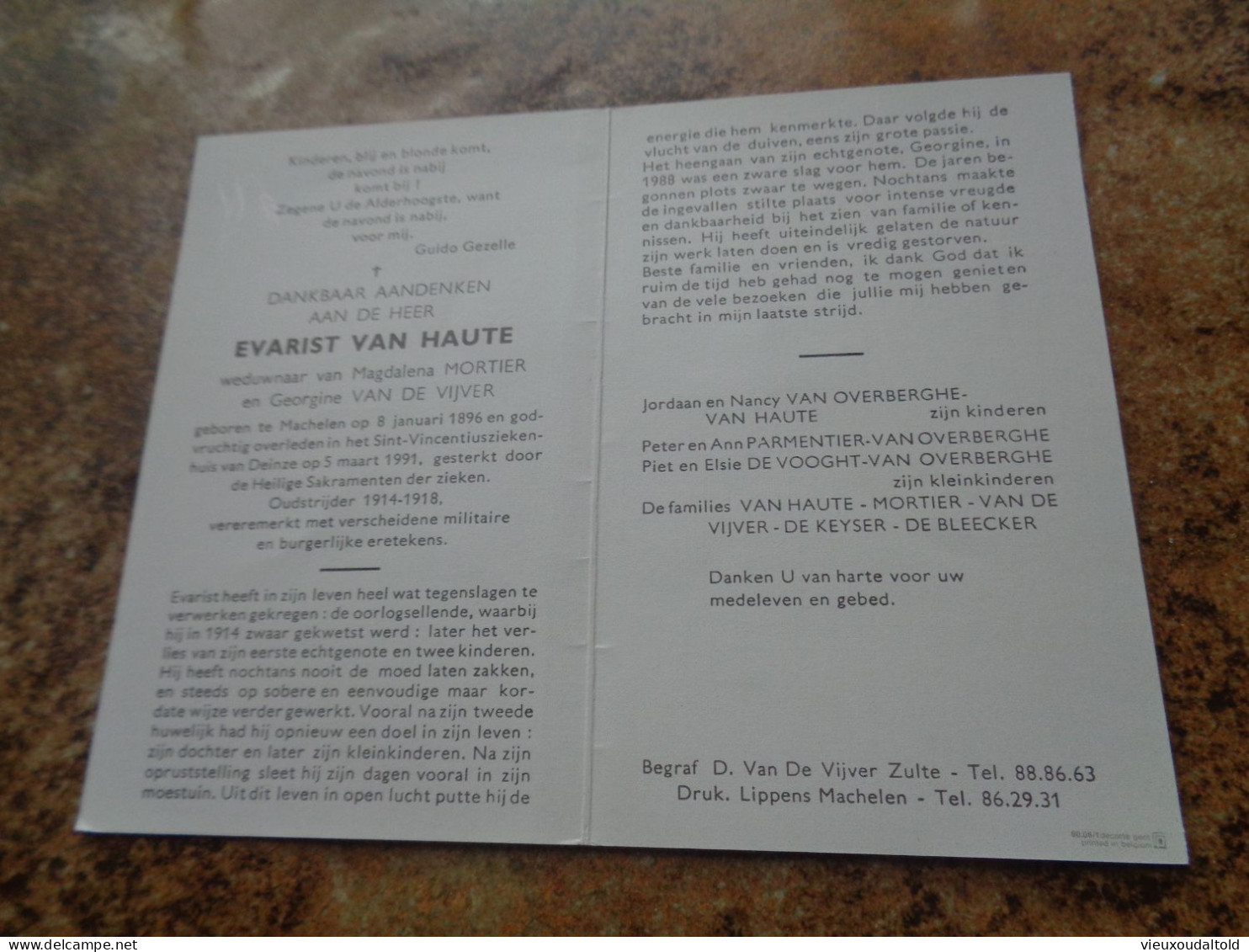 Doodsprentje/Bidprentje   EVARIST VAN HAUTE   Machelen 1896-1991 Deinze  (Wdr M.Mortier & G. Van De Vijver) - Religion & Esotérisme