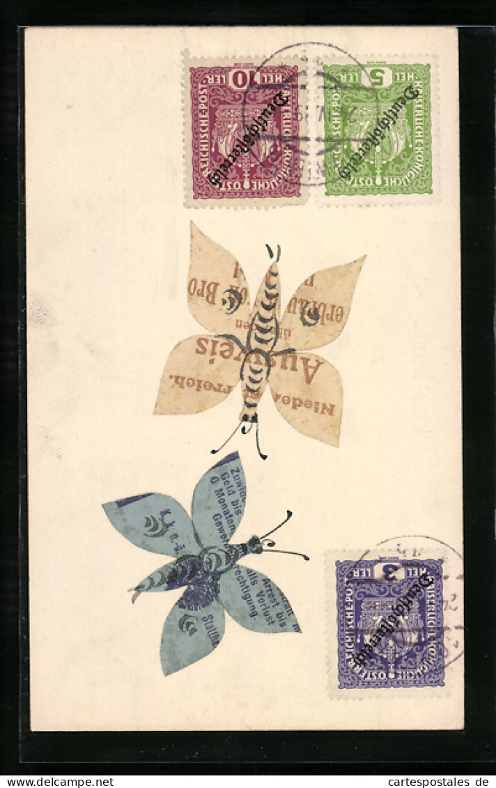 AK Schmetterlinge Aus Lebensmittel-Bezugskarten, Briefmarken, Collage  - Briefmarken (Abbildungen)