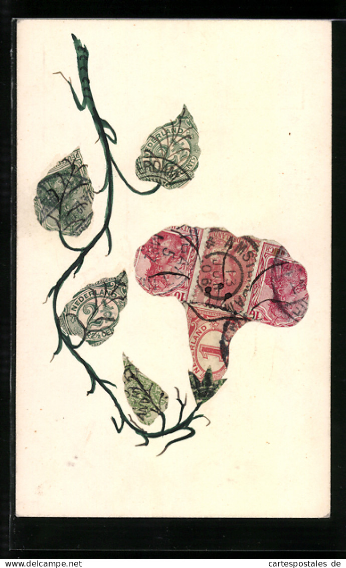 AK Blume Mit Blättern, Briefmarkencollage  - Briefmarken (Abbildungen)