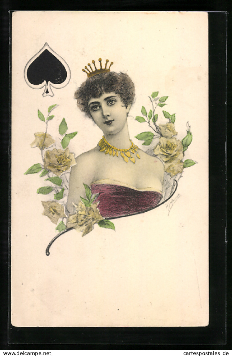 AK Piksymbol Mit Bekrönter Dame Und Rosen  - Playing Cards