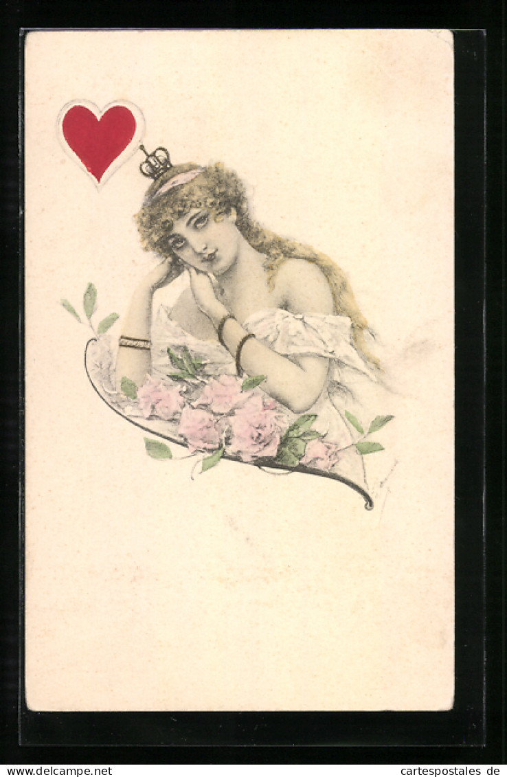 AK Herzdame Mit Krone Und Blumen, Rotes Herz, Kartensymbol  - Cartes à Jouer