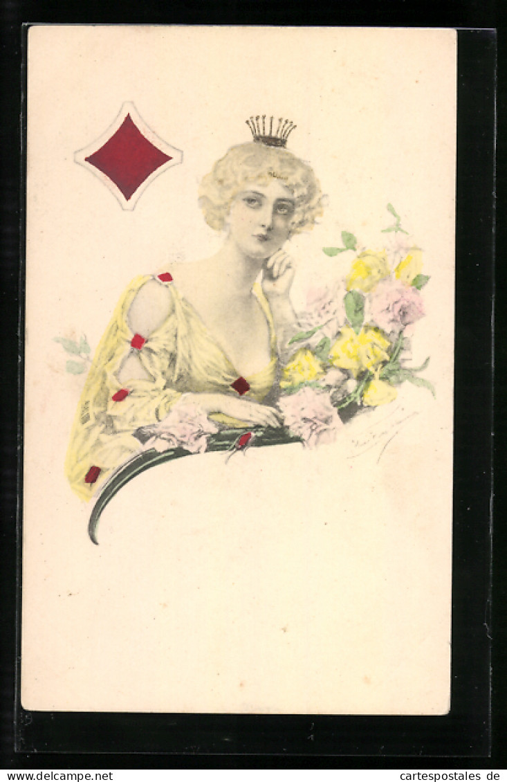 AK Karo Dame Mit Krone Und Blumen  - Playing Cards