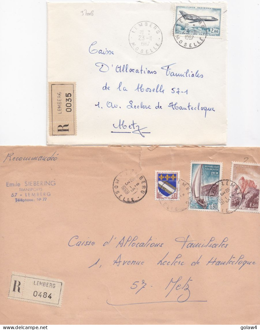 37008# LOT 2 LETTRES FRANCHISE PARTIELLE RECOMMANDE Obl LEMBERG MOSELLE 1967 1968 Pour METZ 57 - Covers & Documents