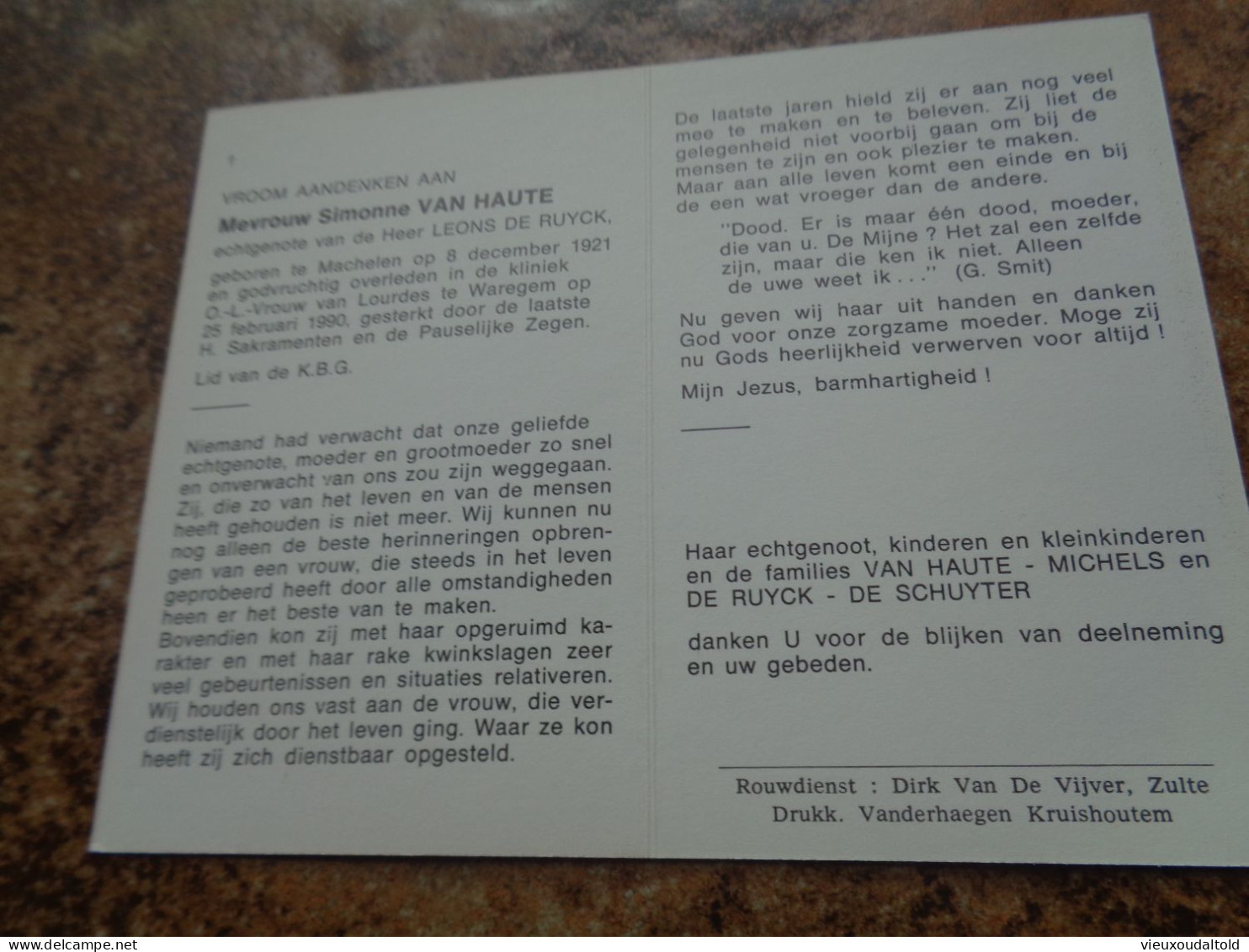 Doodsprentje/Bidprentje   Simonne VAN HAUTE   Machelen 1921-1990 Waregem  (Echtg Leons DE RUYCK) - Godsdienst & Esoterisme