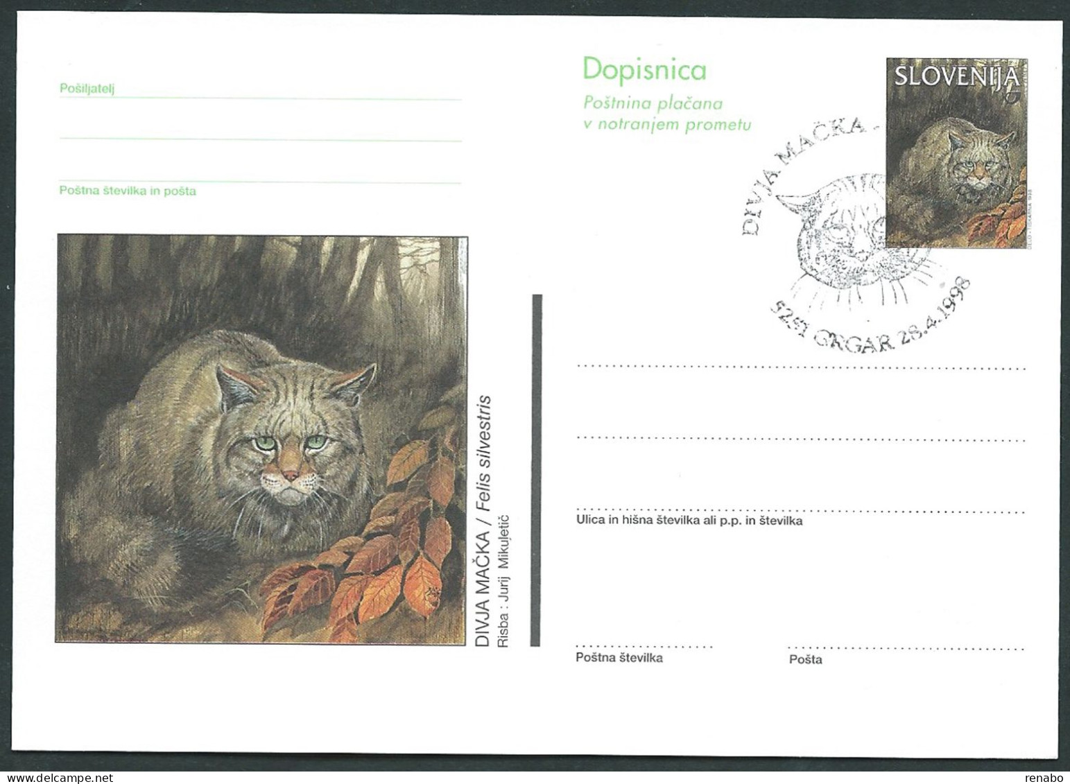 Slovenija, Slovenia, Slowenien 1998; Felis Silvestris, Postal Stationery; FDC Marcophily : Felis Silvestris - Domestic Cats